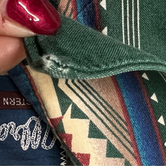 Vintage Wrangler Southwestern Aztec Green Pearl Snap Shirt L Cowboy Bushpopper - Picture 8 of 14